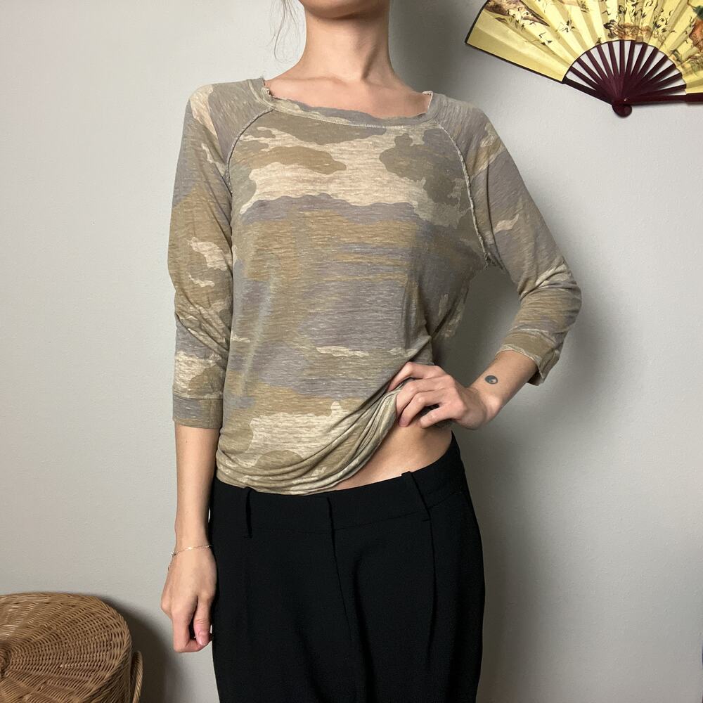 majestic paris tan brown linen silk distressed camo 3/4 sleeve boatneck top